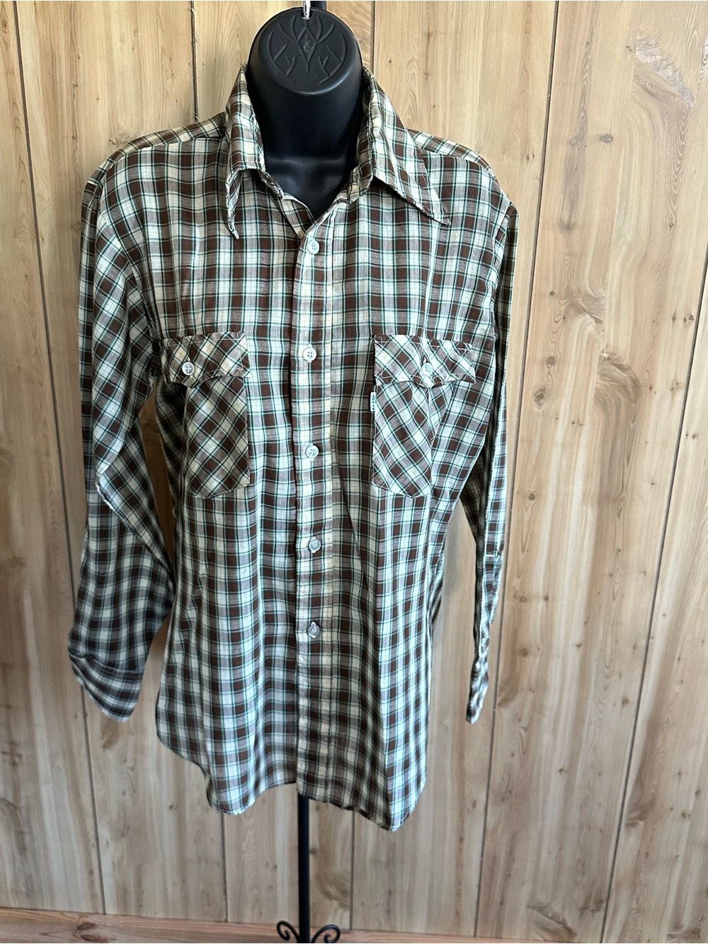 Men'sVintage Levi Long-Sleeve Brown Plaid Western Shirt Blue & white tag, 70s